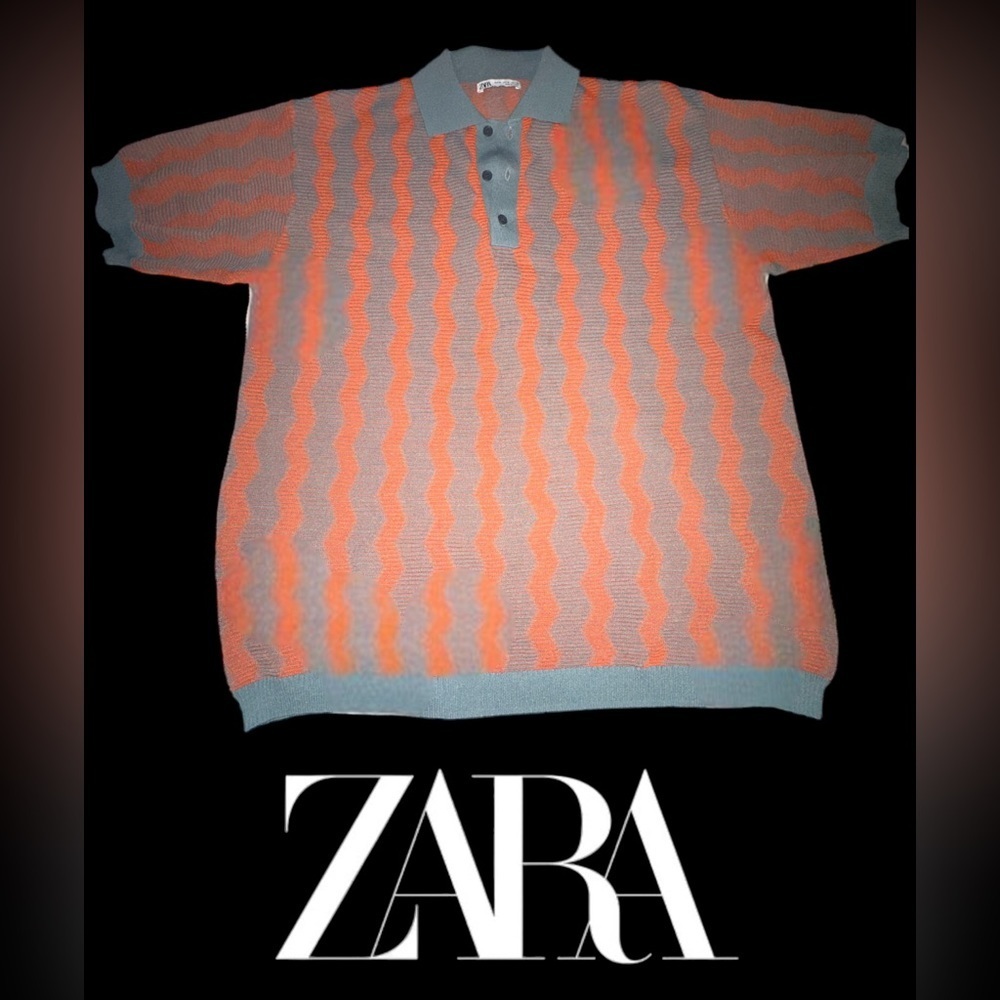 Zara- Menβs Knit Orange/Blue Patterned Collared Shirt- EUC- Sz M- NEVER WORN π₯